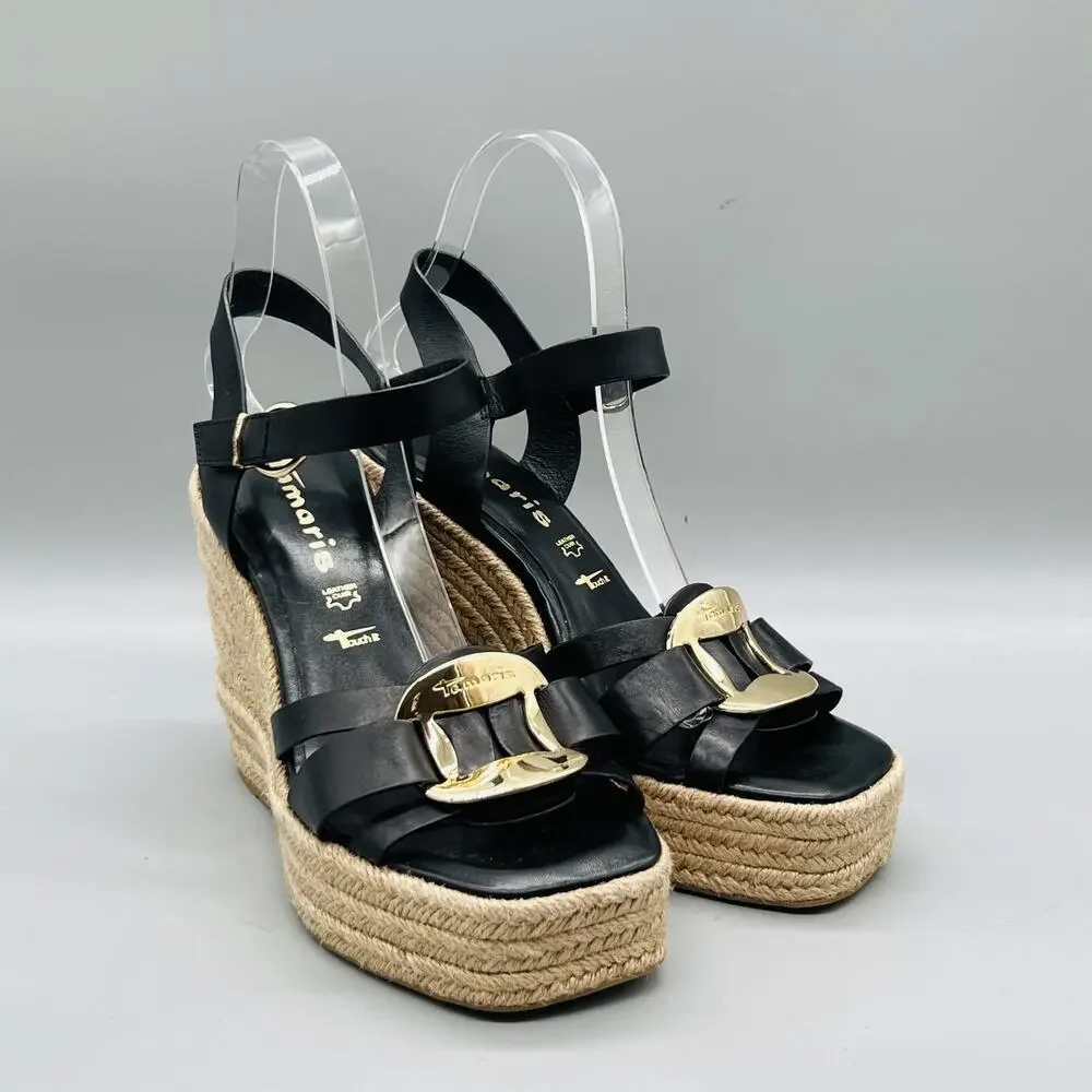 Tamaris Sandals Womens 7 Black Leather Espadrille Wedge Ankle Strap Casual Shoes
